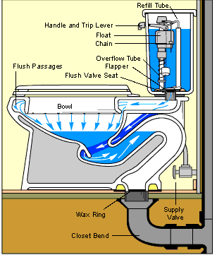 Diagram of a toilet plumbing system, including internal parts and direction of water supply delivery. 