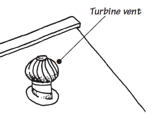 Drawing of a turbine vent, sitting on top of a house's roof.