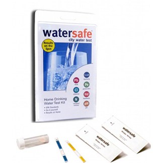 A Watersafe home drinking water test kit showing the test strips and a test vial.