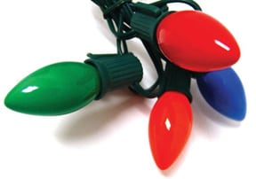 A bundle of C-9 multi-colored outdoor Christmas lights. 