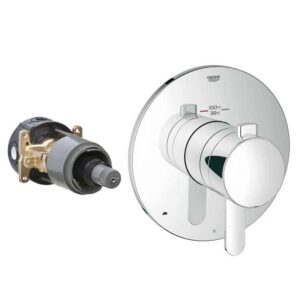 A chrome thermostatic, anti-scald shower valve control module with trim. 