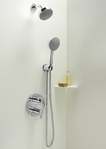 A shower room's wall-mounted and handheld showerheads, including a two-handle thermostatic valve.