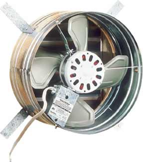 Alloy gable vent fan with a closed shutter over a white background.