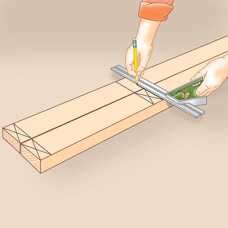 Man's hand above the top and bottom plates laid side by side, making perpendicular lines using a combination square.