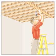 Man standing on a step ladder, nailing a top plate to a joist.