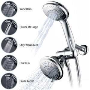 A hand-held and stationary shower head combination with various spray setting ability.