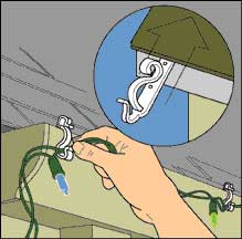 Drawing of a hand stringing Christmas lights into plastic gutter clips.