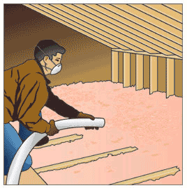 Man holding a blower hose, installing blown-in insulation overlapping exterior wall top plate and joists.