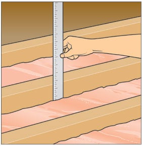 Man’s hand measuring the depth between insulation and joists with a ruler.