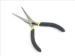A pair of needle-nose pliers over a white background. 