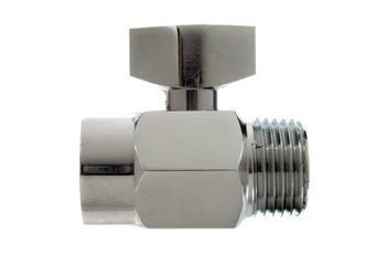A chrome shower shutoff valve over a white background.
