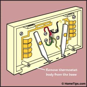 Parts of a conventional thermostat base, including terminals.