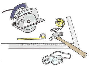 Carpentry tools for installing vinyl or aluminum siding include a circular saw, square, tape measure, hammer, and goggles.