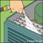 Drawing of a hand using a hose nozzle to clean the coils of a central AC's outdoor condenser.