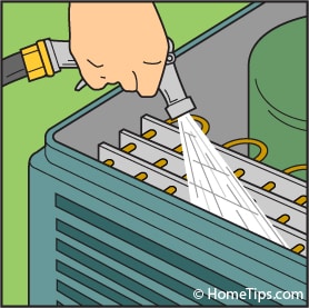 Drawing of a hand using a hose nozzle to clean the coils of a central AC's outdoor condenser.