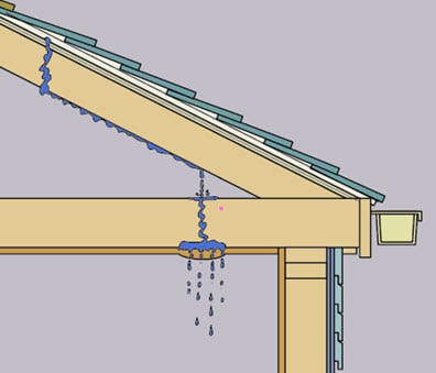 Internal diagram of a roof, including water leaking through a shingle, sheathing, roof rafter to a topside ceiling.