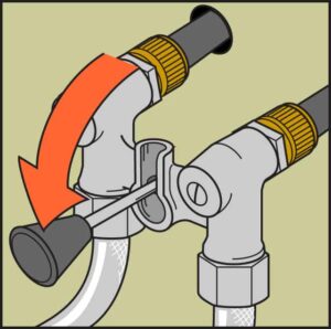 Arrow pointing down to the direction of a washing machine shut-off valve lever.