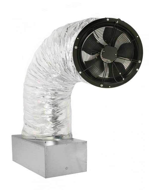 Centric Air ducted whole-house fan with damper box over a white background.