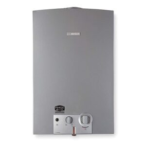 Bosch natural gas, whole-house tankless water heater over a white background.