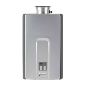 Rinnai whole-house, tankless water heater over a white background.