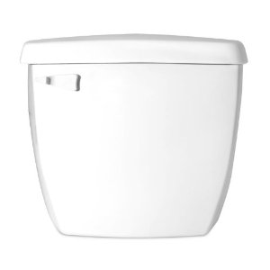 White insulated toilet tank with a flush handle.