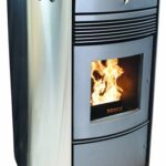 A burning contemporary pellet stove in chrome finish, over a white background.