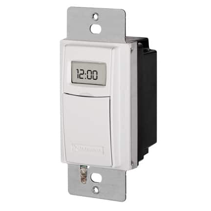 A programmable in-wall digital timer switch, over a white background.