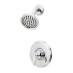 A chrome Price Pfister shower faucet and showerhead.
