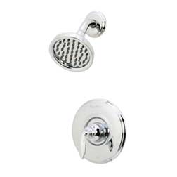 A chrome Price Pfister shower faucet and showerhead.