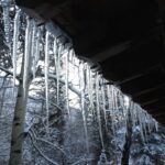 Winter icicles hanging on a roof.