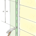 Corner post diagram for vinyl siding, including distance between suspended nails and top post bottom.