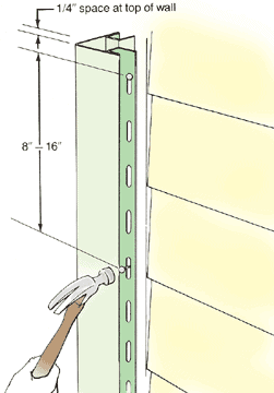 Corner post diagram for vinyl siding, including distance between suspended nails and top post bottom.
