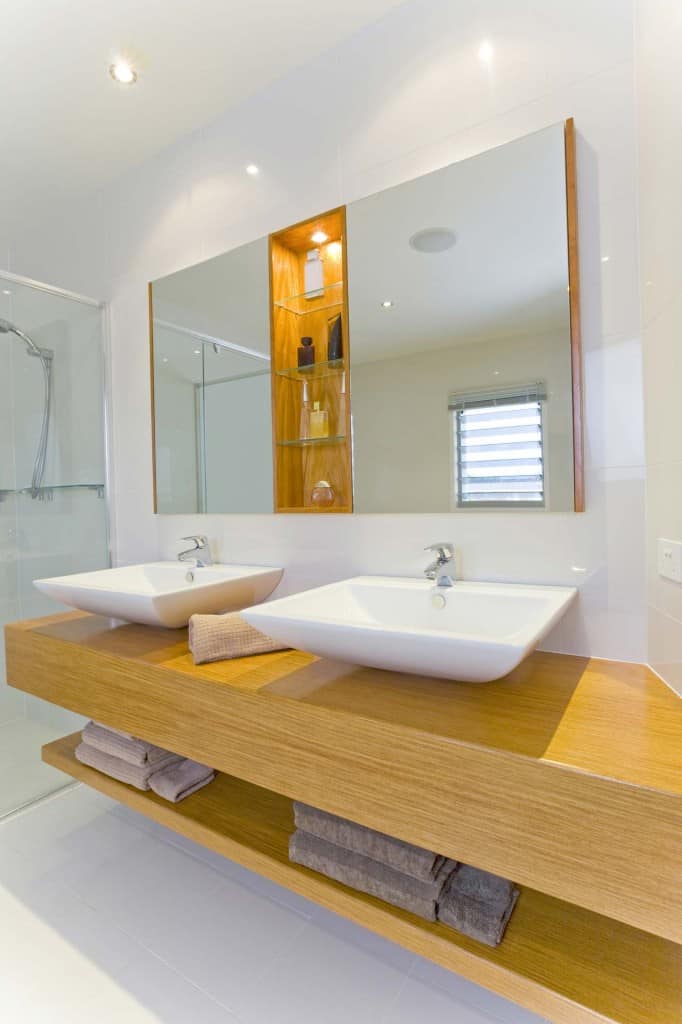 dual bath sinks on wooden counter