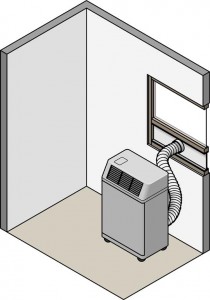 Cutaway illustration of a room with portable AC unit, including hose connecting through a window.