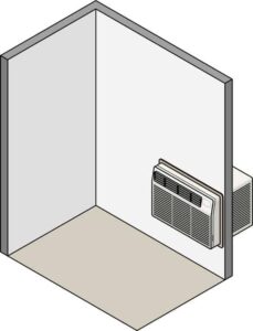 Cutaway diagram of a room with a through-the-wall air conditioning unit.