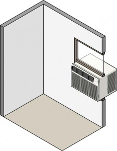 Cutaway diagram of a room with window-type AC unit, including an adjustable panel on top.