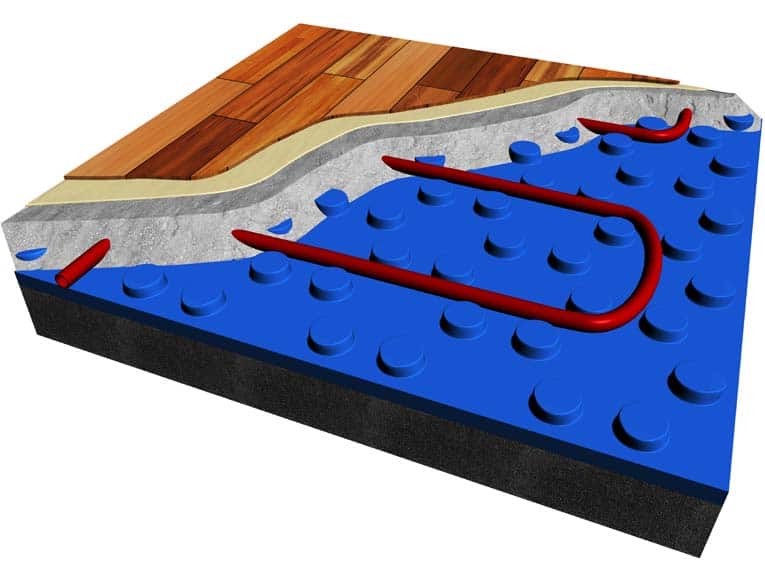 Hydronic radiant floor heating system uses a plastic base to hold tubing in place while concrete is poured to encase it.