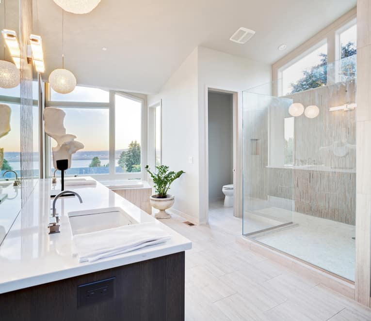 contemporary bathroom stone floor glass shower