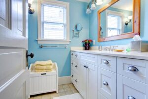 white painted cabinets in bathroom