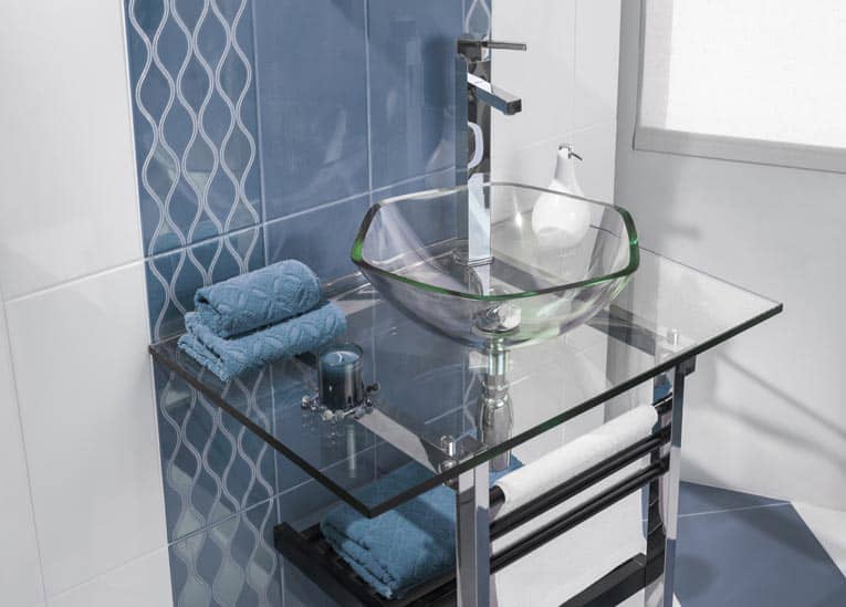 glass bathroom vanity and sink