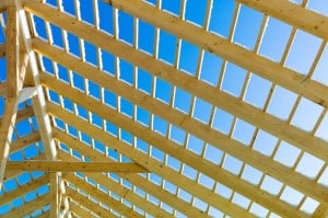 A house’s roof framing, including rafters and battens.