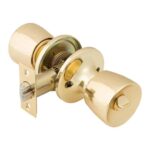 Polished brass finish, interior cylindrical doorknob over a white background.