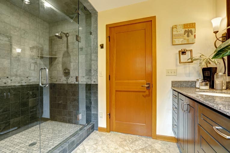 Bathroom with a steam shower enclosed with floor-to-ceiling glass wall and door.