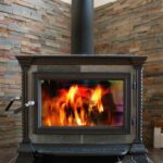 wood stove on stone hearth