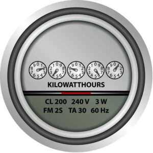 Old-school mechanical electric meters measure electrical usage with a series of numbered dials.