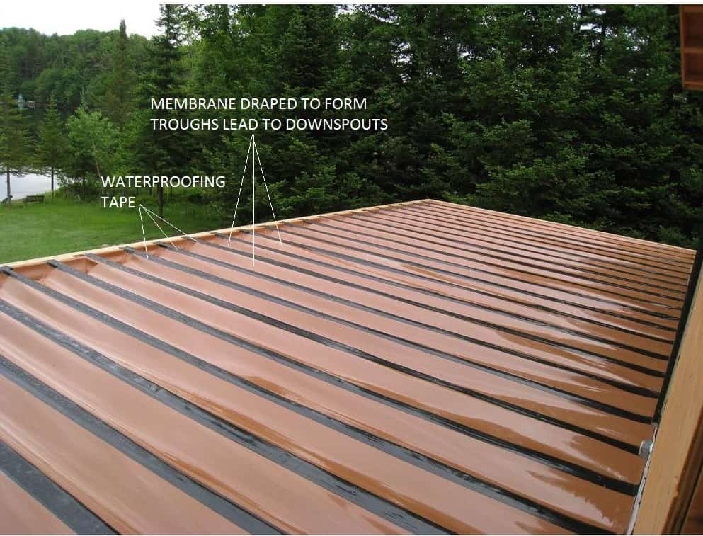 A Trex RainEscape membrane-and-downspout deck waterproofing system, shown from above.
