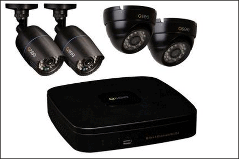 Q-See 4-channel video surveillance system, including a DVR, bullet-style and dome cameras.