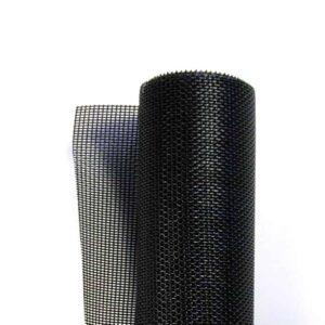 A roll of black, vinyl-coated polyester pet screening in white background.