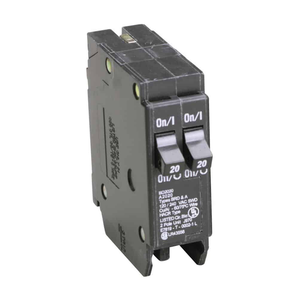 Black tandem single pole 20-amp circuit breaker.