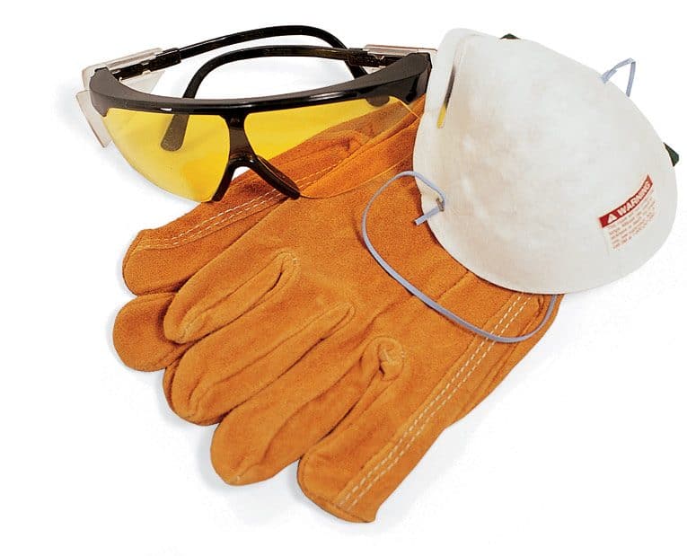 Protective glasses, respirator, and work gloves